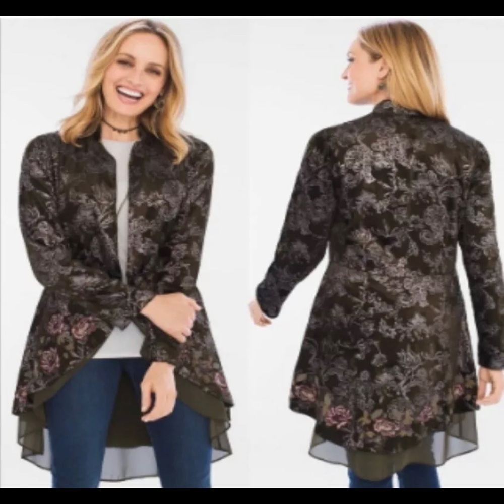 CHICO'S Floral Velvet Jacket Ambered Olive
Open Front size:1